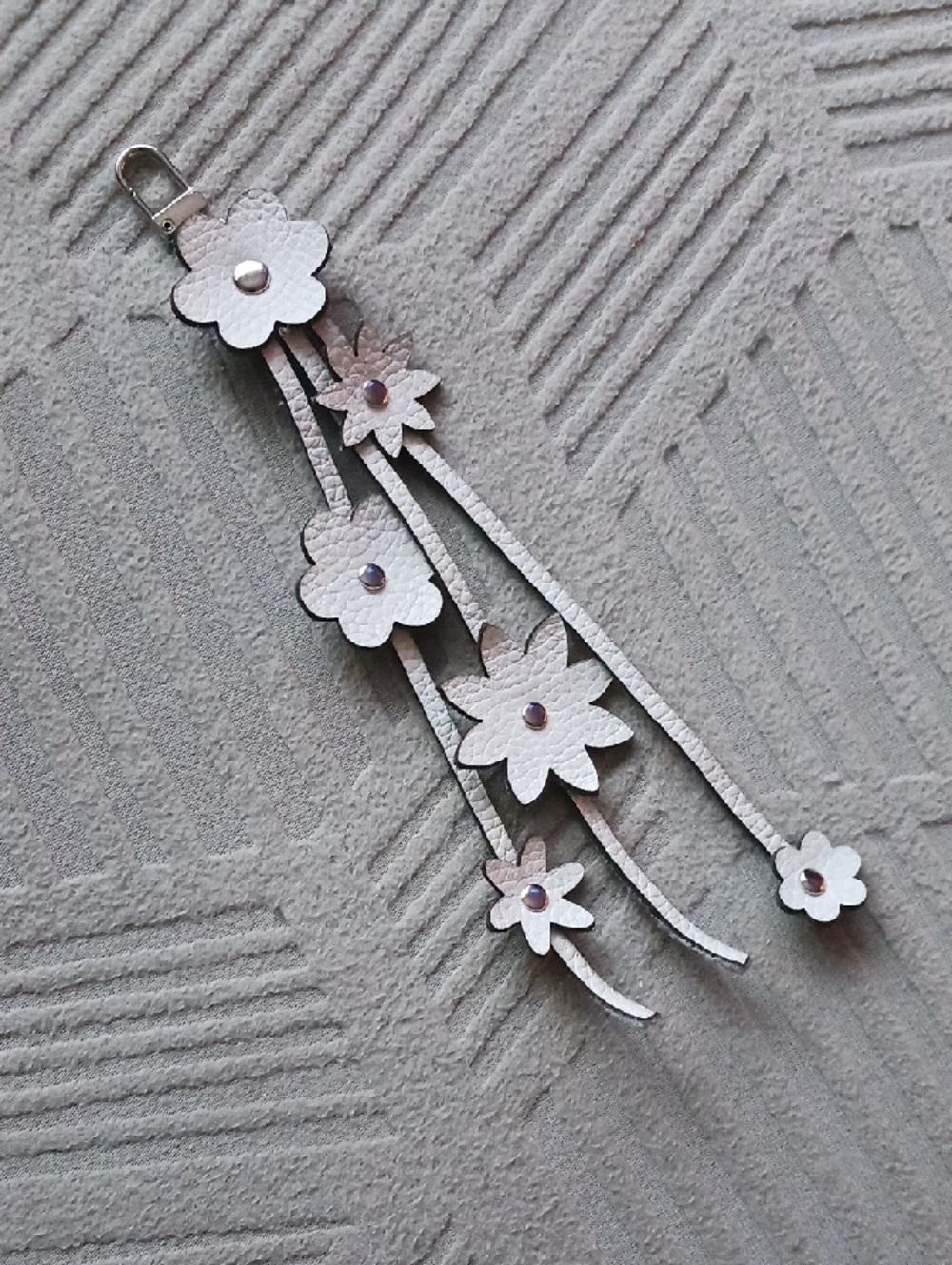 Floral Leather Tassel Keychain Charm in White
